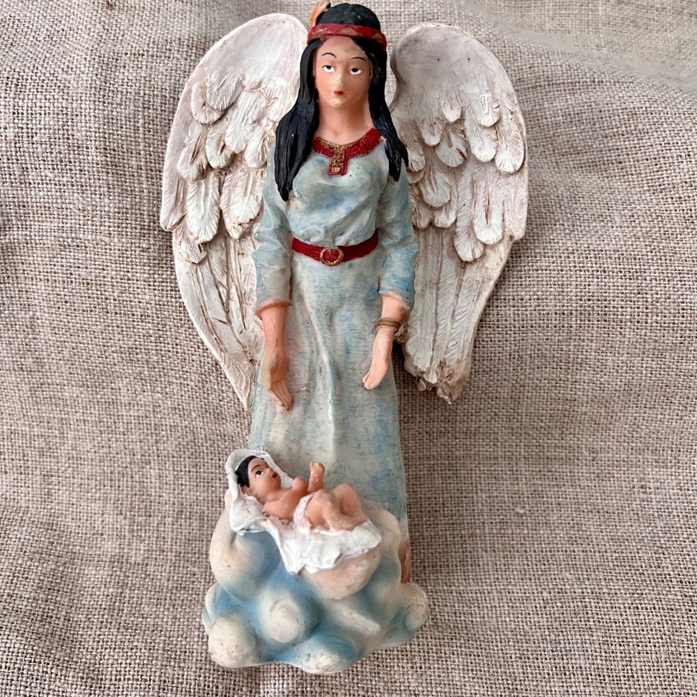 Native American Style Angel Figurine with Baby Resin Statue 6in Southwest Decor